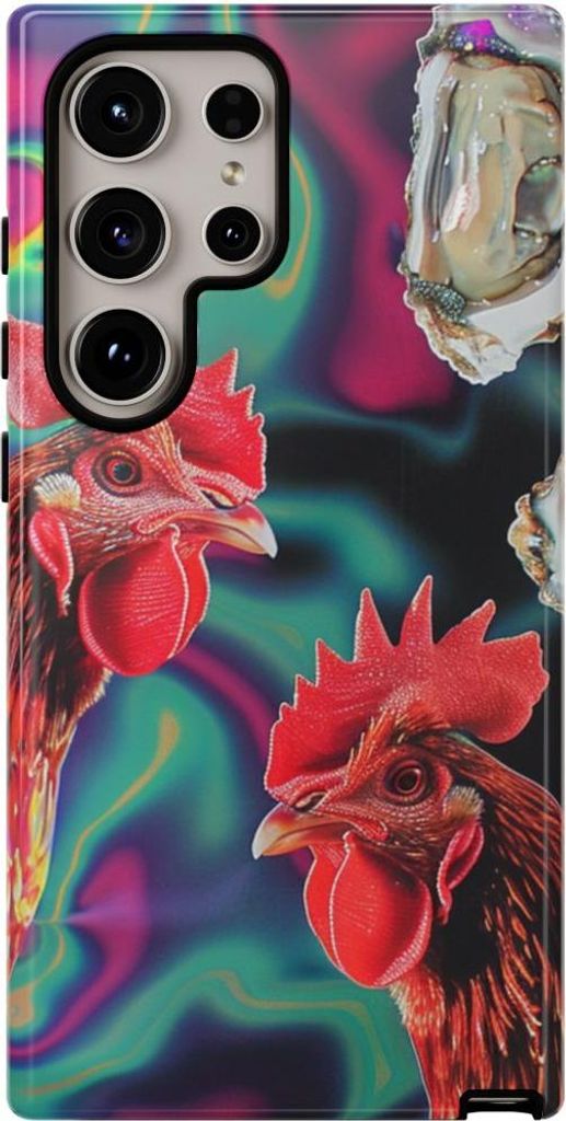 Leuchtende Hähne und Austern auf schimmerndem Perlmutt-Hintergrund – Hülle Kompatibel mit Samsung Galaxy S24 Ultra