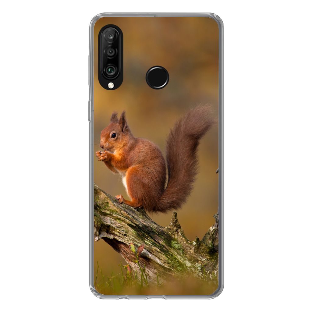 MuchoWow Handyhülle Schutzhülle Hülle für Huawei P30 Lite Eichhörnchen - Baumstamm - Wald Silikon Softcase Handy Hülle - Handyhülle