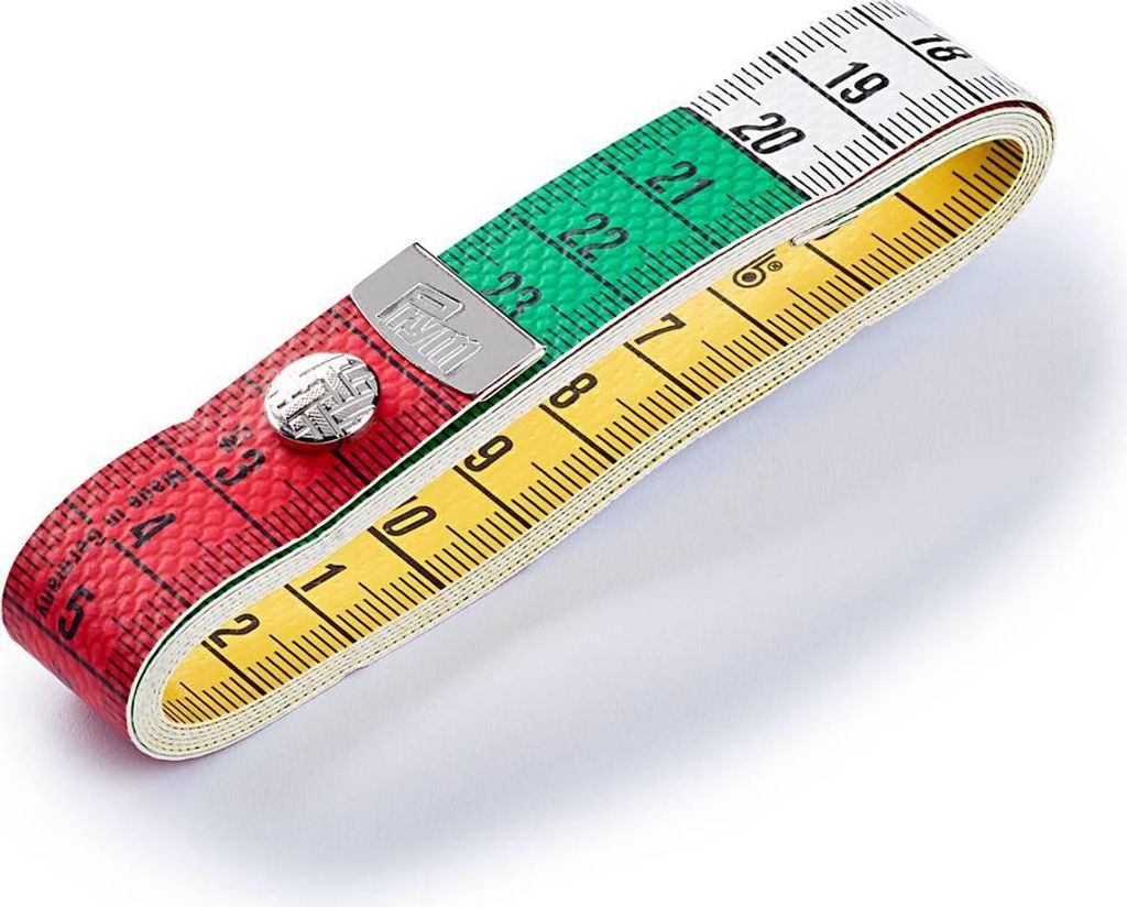 PRYM Maßband Color Plus mit Knopf, 150 cm / cm, rot / weiß / grün, schwarze Skalazahlen