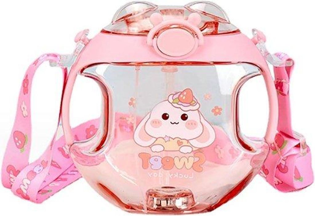Kinderwasserbecher 450 ml mit Tragegriff, Tragegurt, Rattanbecher, Sprühfunktion und süßer Cartoon-Ausstrahlung (ROSÉ)