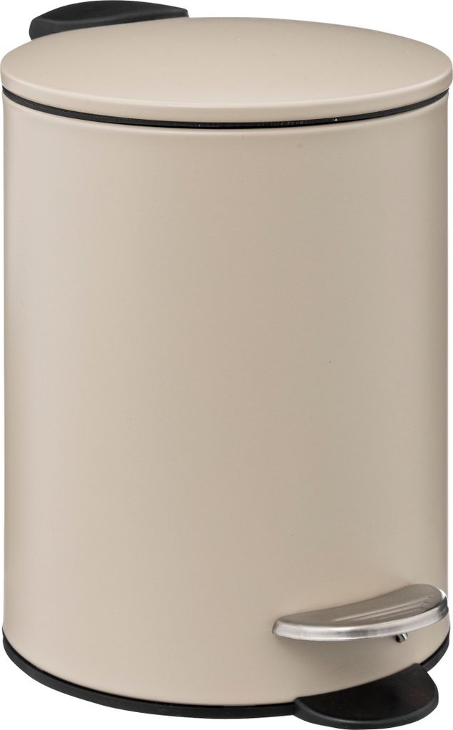 A beige pedal bin with a silver pedal and a black lid.