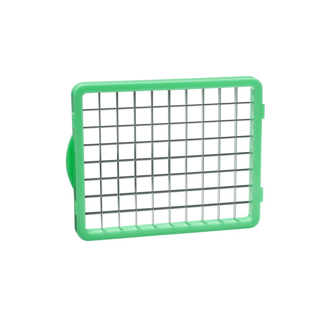 A close-up, studio shot of a green and gray vegetable dicer insert against a white background.