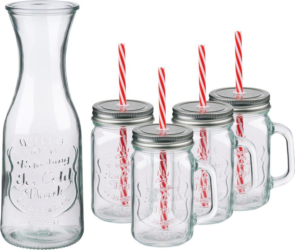 alpina Gläser Set 6 Teilig mit Karaffe - Trinkgläser für Wasser und Getränke - Wassergläser Set mit 4 Trinkgläsern und Deckel - Mason Jar Sti...