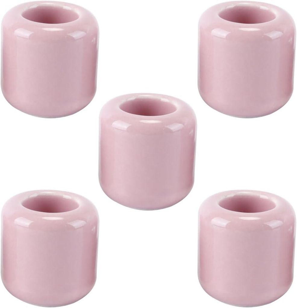 Set aus 5 kleinen rosa Keramikkerzenhaltern mit Wicca-Ritualklangspiel für einen tragbaren Altar