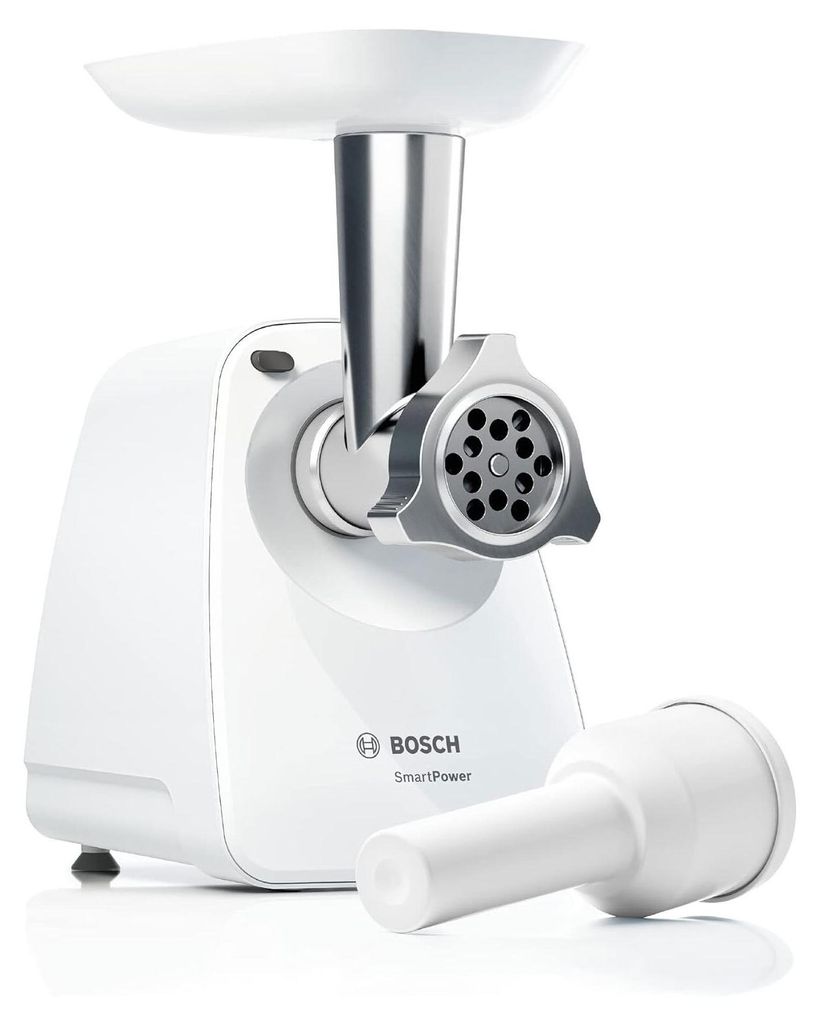 A white Bosch meat grinder with a silver grinding mechanism and a white pusher attachment is shown against a white background.