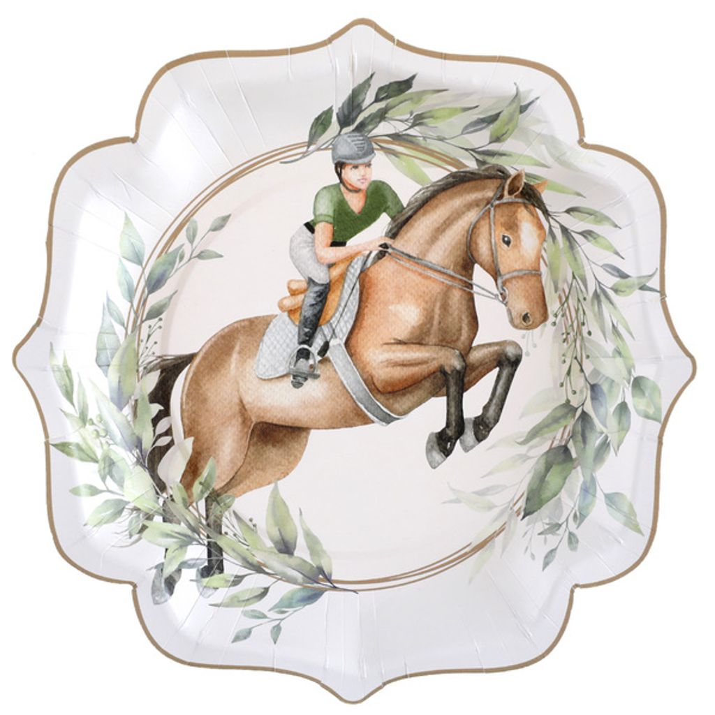 Pappteller mit Pferde Springreiten Motiv, außergewöhnliche Form, 21 x 21 cm