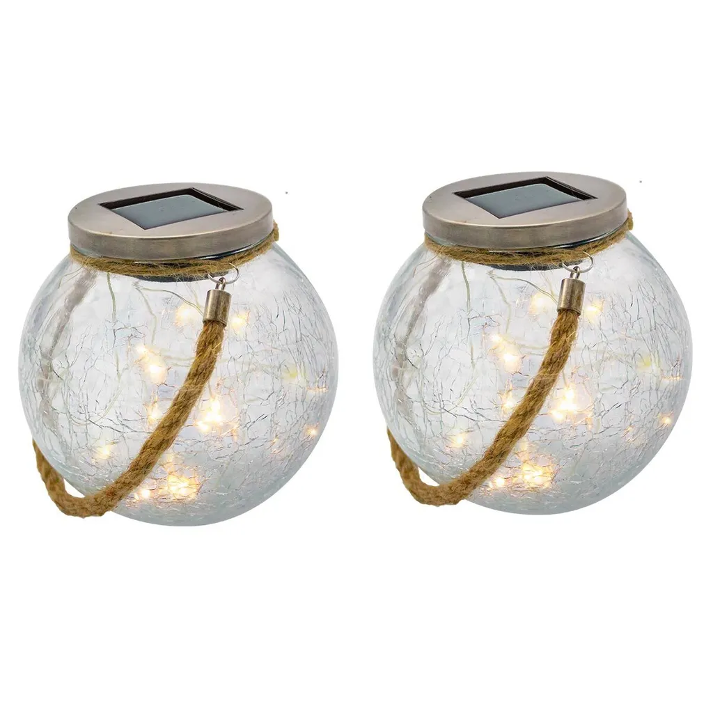 Boule solaire micro LED blanc chaud verre craquelé H13cm lot de deux