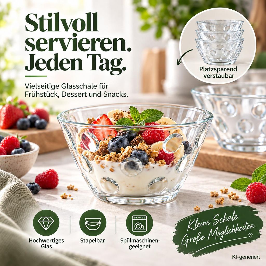 6x Dessertschalen Glas 300 ml – Stapelbare Glasschalen Set