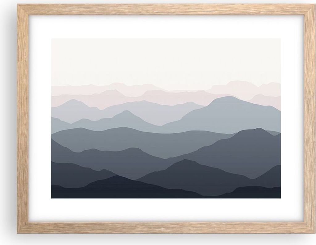 Gerahmtes Poster - Rahmen in heller Eiche - Berge Grafiken Buntstift - 40x30 cm - Wand Bild - Wanddeko - Wandbilder - Kunstposter - Wandposter - Bi...