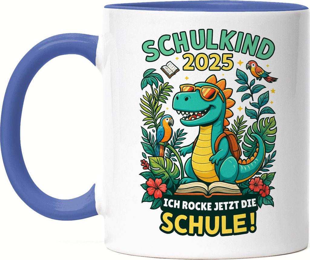 Schulkind 2025 Dino Tasse Blau Ich rocke jetzt die Schule Einschulung Geschenk Erstklässler Kinder buntes Motiv