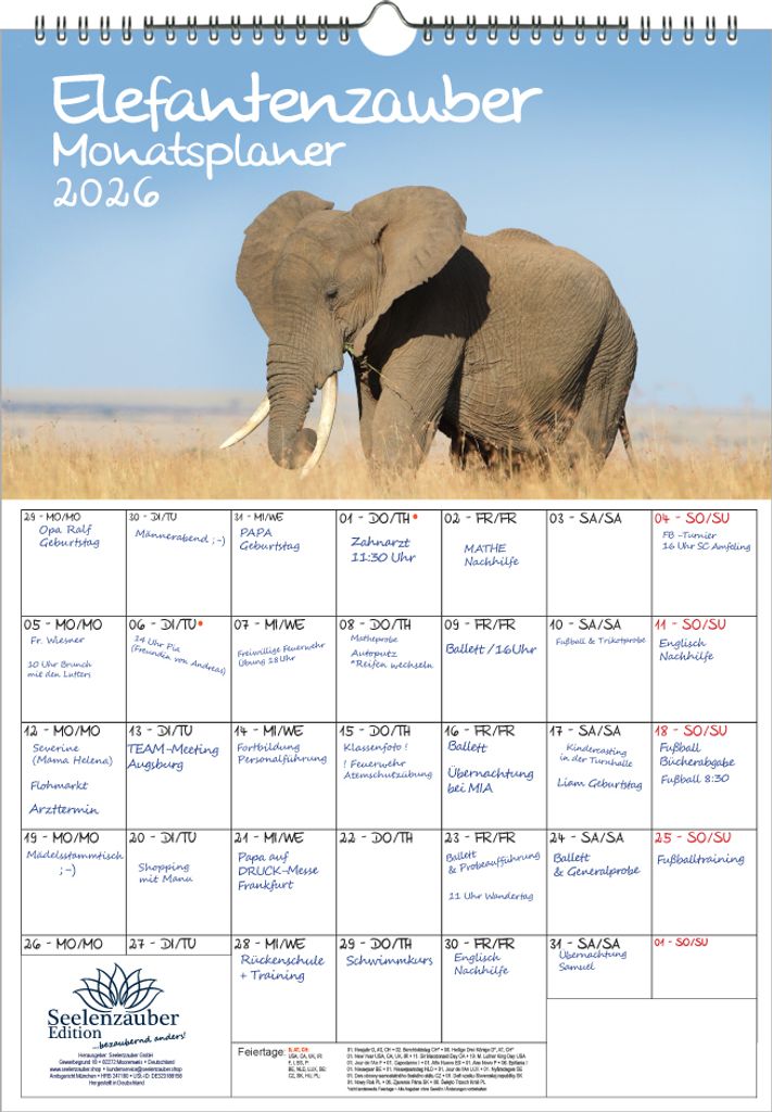 Elefantenzauber Planer DIN A3 Kalender für 2026 Elefanten - Seelenzauber