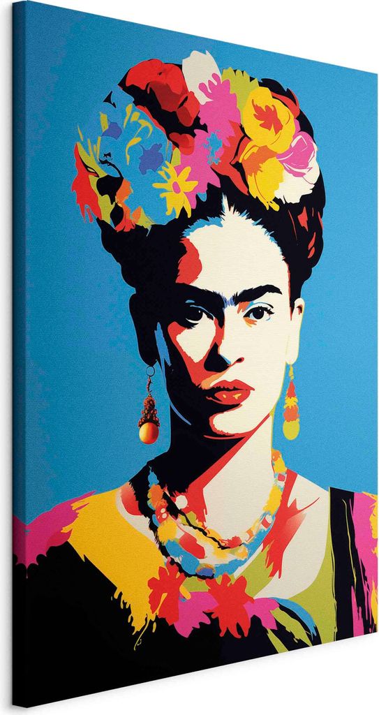 Wandbilder XXL Frida Kahlo 60x90 cm 1 tlg Wand Deko Leinwand Bilder Groß Wohnzimmer Auf blauem Hintergrund Frau Porträt Abstraktion h-H-10056-b-a