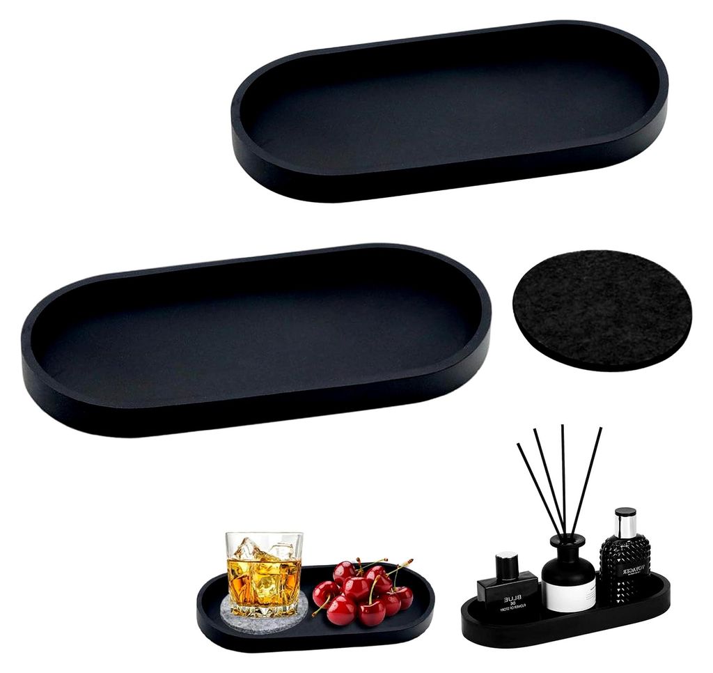 Deko-Tablett 2 Stück - Schwarze Silikon-Ablageschale mit Untersetzer für Waschtisch, Badewanne, Küchenspüle und Toilette (Oval)
