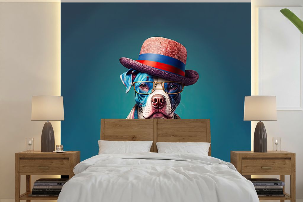 MuchoWow Fototapete für Wohnzimmer oder Schlafzimmer Wandtapete Vinyl Motivtapete Hund - Hut - Jacke - Blumen - Blau - 350x350 cm - Schlafzimmer...