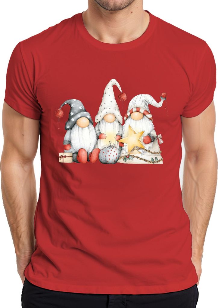 Weihnachtswichtel Trio Stern Geschenk rot grau skandinavisch Cozy Herren T-Shirt, Rot, L