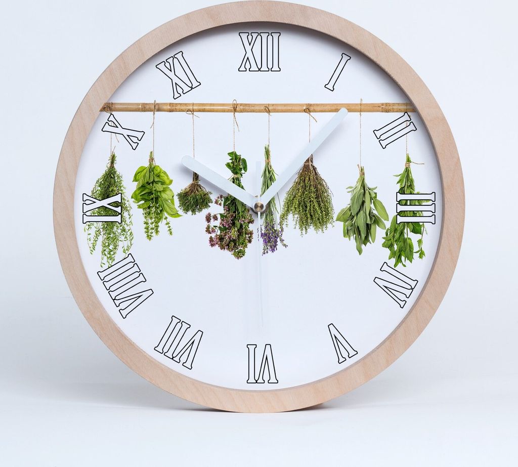 Holzuhr 30fi cm wanduhr - weiße Spitzen - Kräuter auf einer Schnur