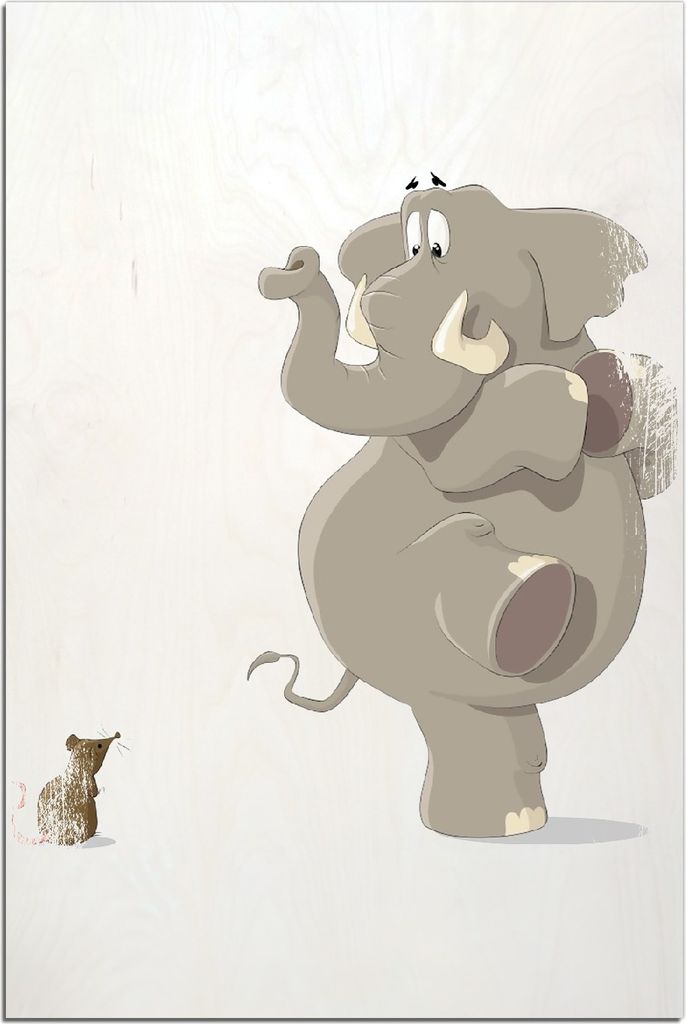 Kunstdrucke Wandbilder Holz in : Brillante Farben, Größe 60 x 90 cm Motiv Elefant erschrickt vor Maus
