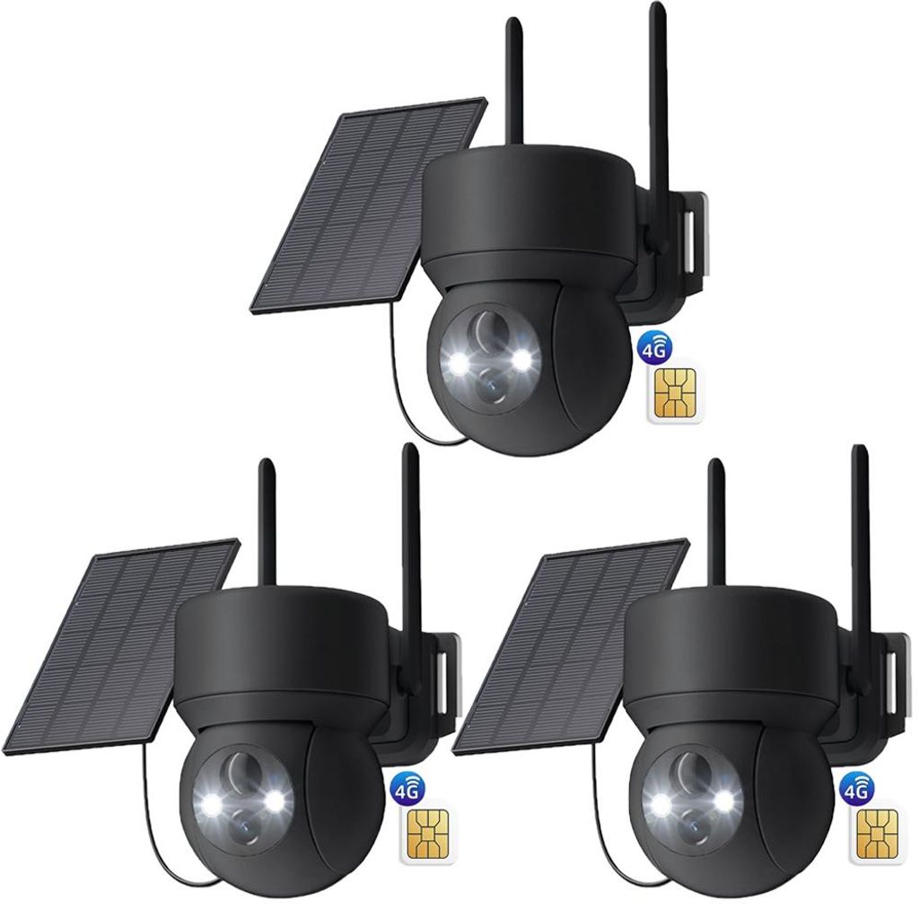 3 Stück 4G LTE Überwachungskamera Aussen Solar mit SIM Karte Ohne WLAN 2K PTZ Kabellos IP Kamera Outdoor Ohne WLAN PIR Erkennung Farbe/IR Nachtsicht