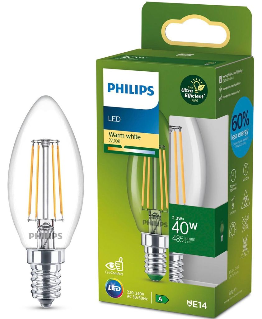 Philips Filament-Kerzenlampe, B35 E14, klar, 40 W, 2,3 W, 40 W, E14, 485 lm, 50000 h