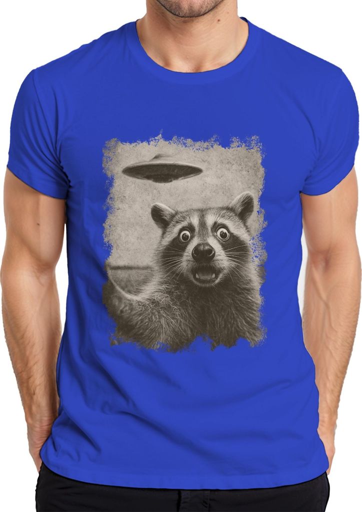 Waschbär UFO Vintage retro Alien lustig SciFi Weltraum sepia Herren T-Shirt, Blau, M