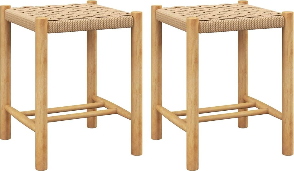 Two wooden bar stools with woven seats are shown against a white background.
