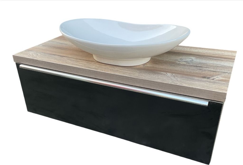 Badmöbel Unterschrank mit Keramik Waschschale 100x50 Unterschrank Front Schwarz , Badmöbel 100, Keramik Waschbecken, Trägerplatte