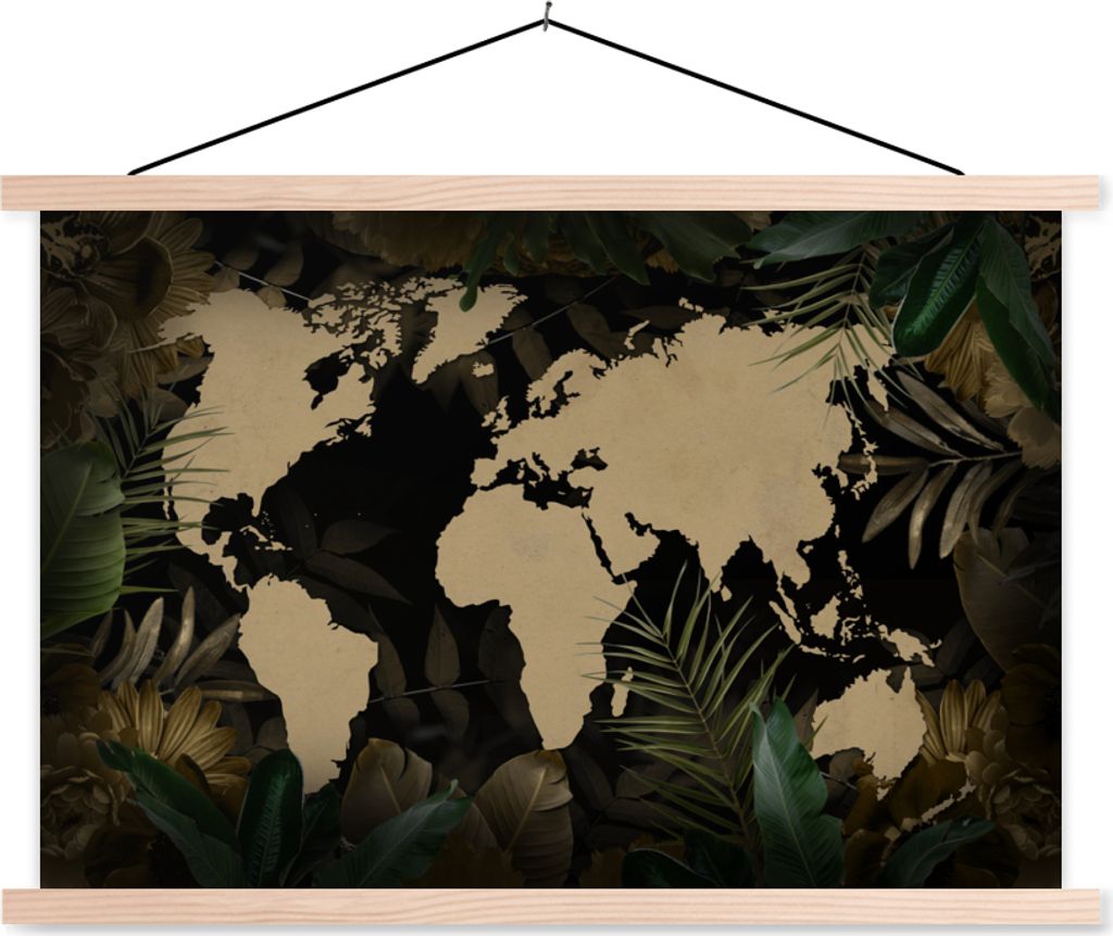 MuchoWow Textilposter Weltkarte - Tropische Pflanzen - Blumen 120x80 cm mit holzfarbenen Rahmen - Aufhängeset