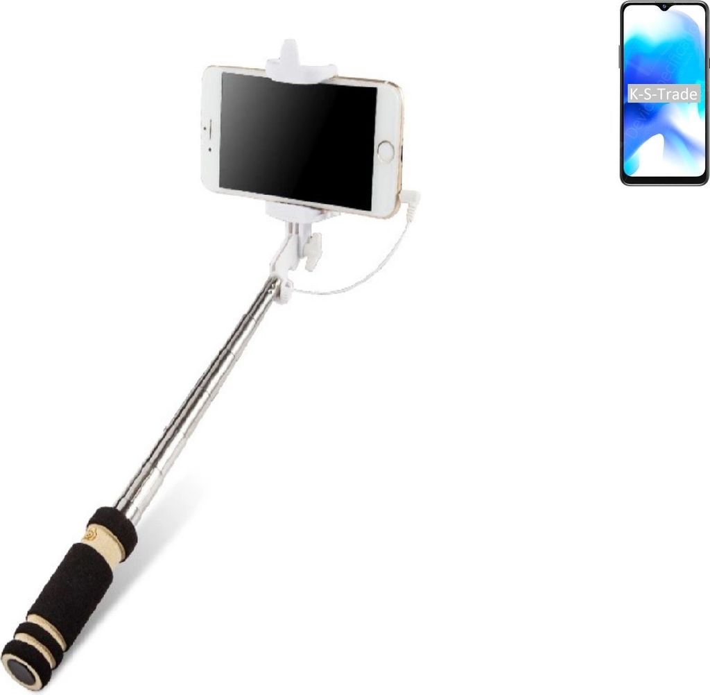 K-S-Trade Selfie Stick kompatibel mit Blackview A80s Selfiestick kabelgebunden Monopod mit Kabel Stab Stange Selfportrait Handheldstick schwarz 1x