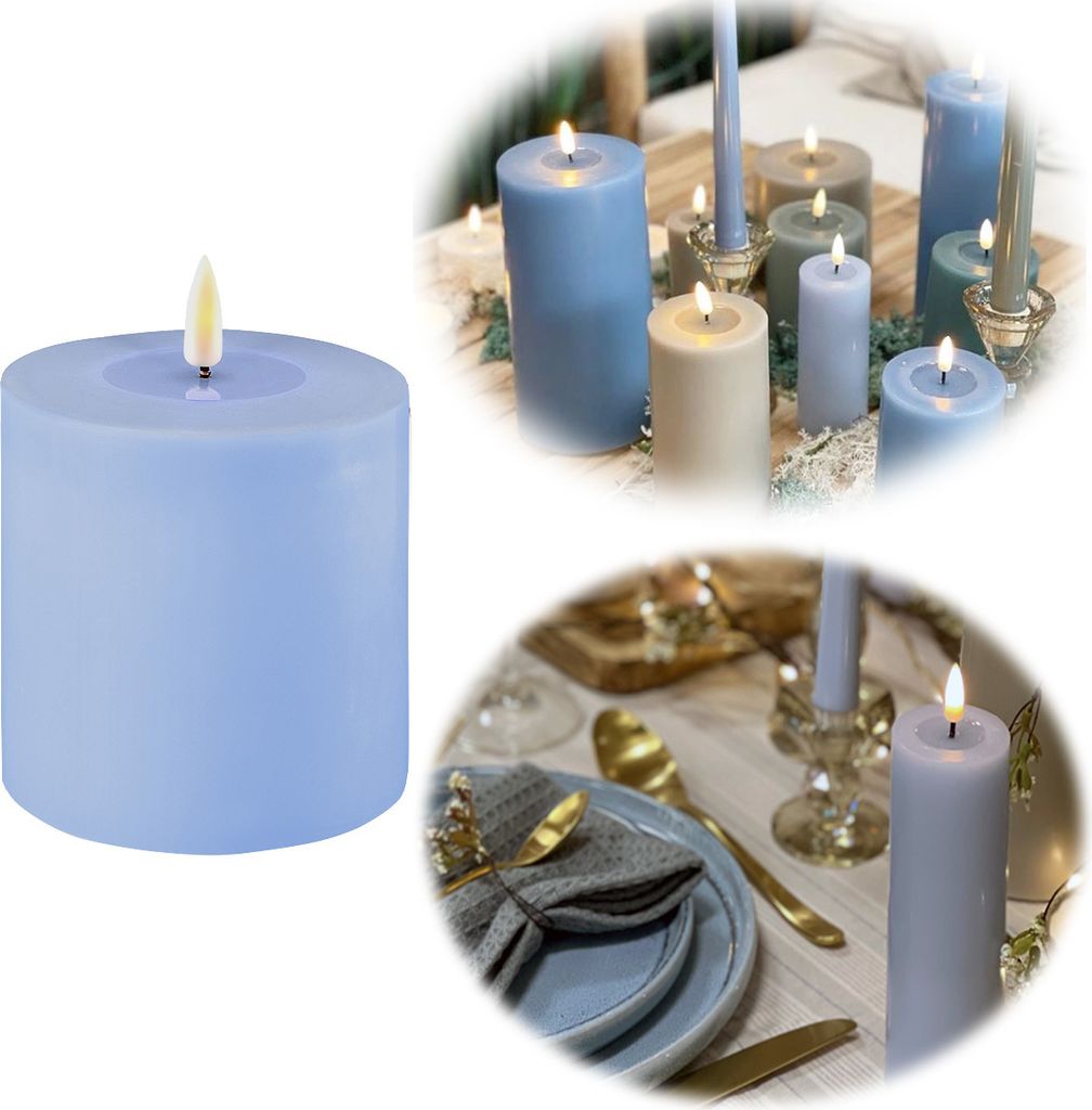 Real Flame 3D LED Stumpenkerze 10x10cm Blau Echtwachs flackernde Kerze
