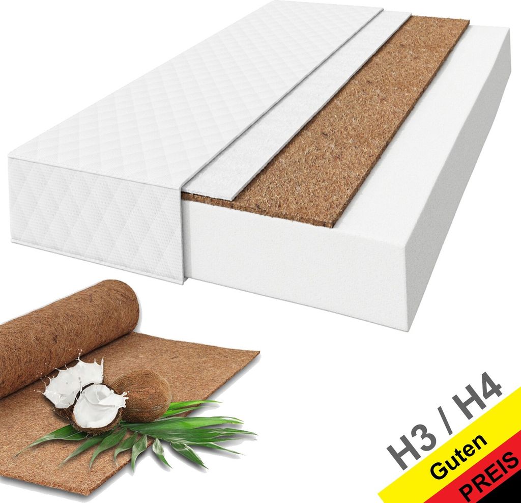 A cross-section of a mattress showing its different layers, alongside a visual representation of its coconut fiber material.