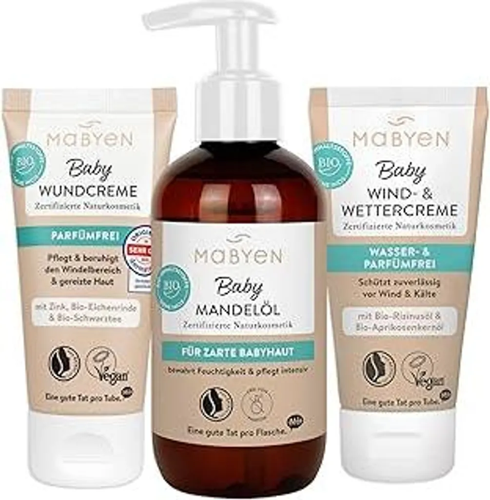 MABYEN Baby Care All-round Carefree Set | Cosmetici naturali - 3 prodotti - biologico - attrezzatura per bambini - set regalo - con 1x olio di mandorle, 1x crema per le ferite e 1x crema contro il vento e le intemperie