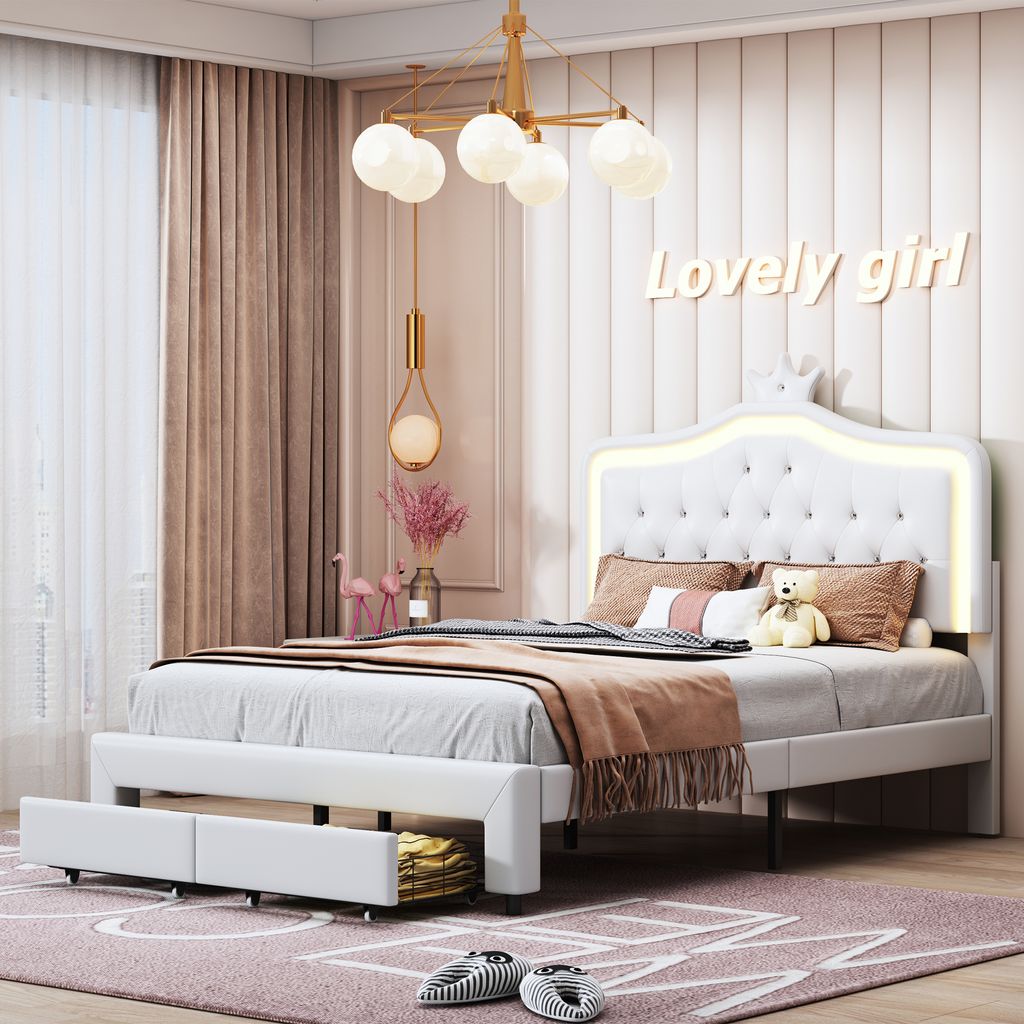 Gepolstertes Bett 140x200 mit LED-Kopfteil, Lattenrost aus Holz, Weiß