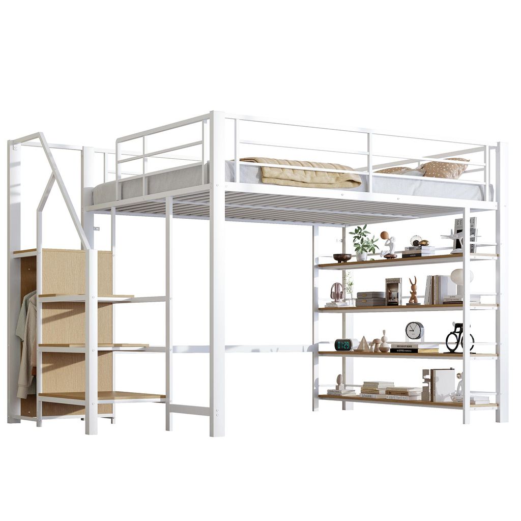 Hochbett, 140x200 cm, Metallbett mit Lattenrost, Regal, Treppe und Rausfallschutz, Kinderbett, Jugendbett