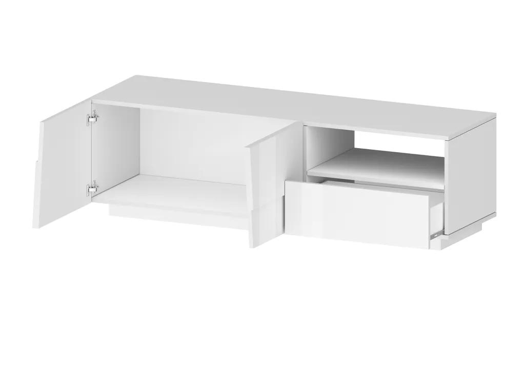 Meuble TV 150cm Blanc Brillant Bitonto avec Rangement Large Format