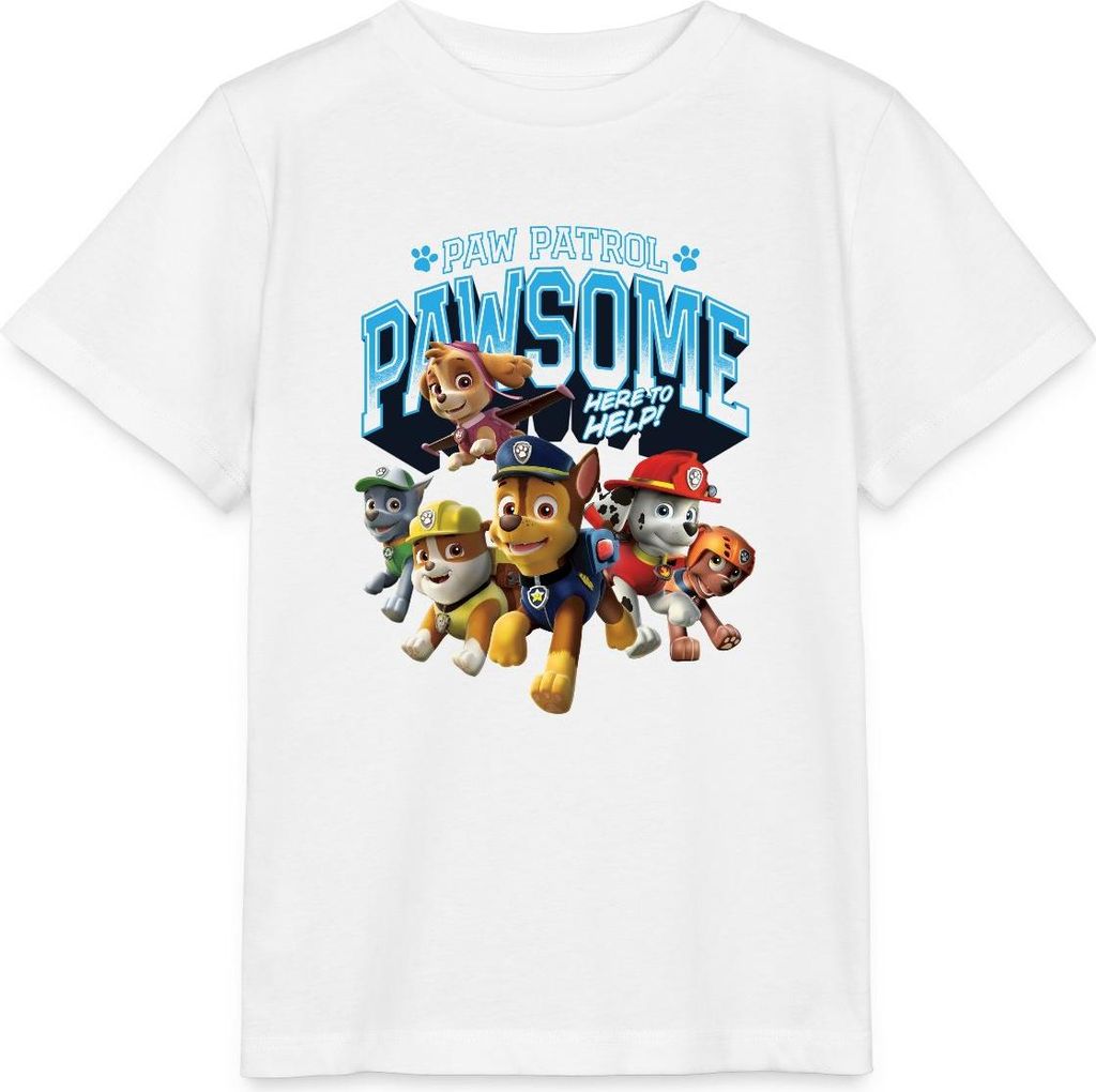 Spreadshirt Paw Patrol Pawsome Here To Help Spruch Blau Kinder Basic T-Shirt, 122/128 (7-8 Jahre), Weiß