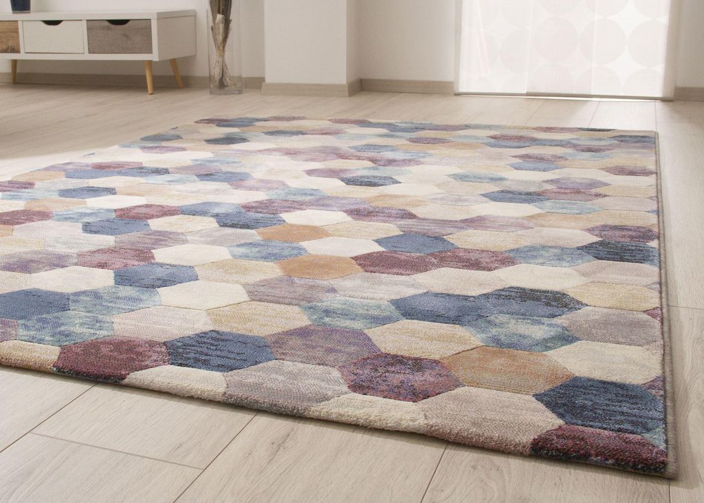 Steffensmeier Kurzflorteppich Harmonious Colours | Wohnzimmer | Modern gestalteter Teppich | Hexagon, Lila, Größe: 240x330 cm