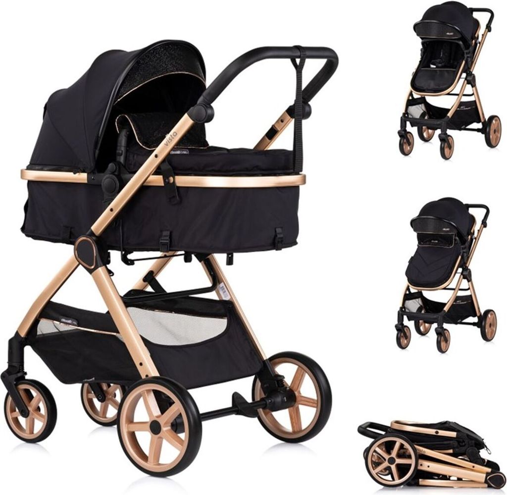 Chipolino Kombikinderwagen 2 in 1 Vista Wickeltasche, Fußabdeckung, Korb, Gurt schwarz