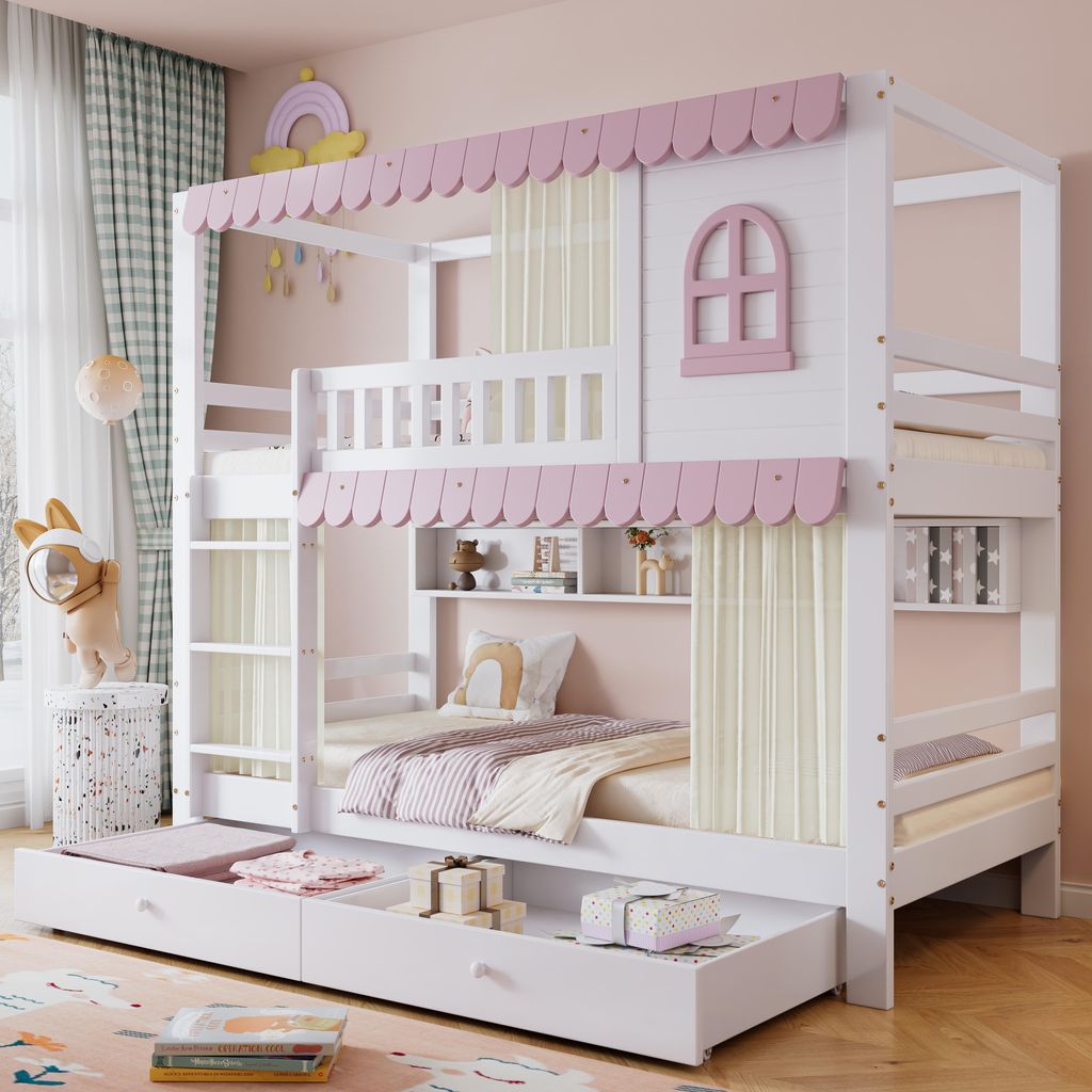 Merax Etagenbett 90x200 cm mit Schubladen und Regal,  Produktbild 