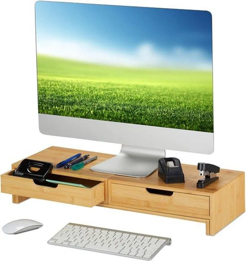 Rehausseur double moniteur en bois avec rangement et tiroirs réglable