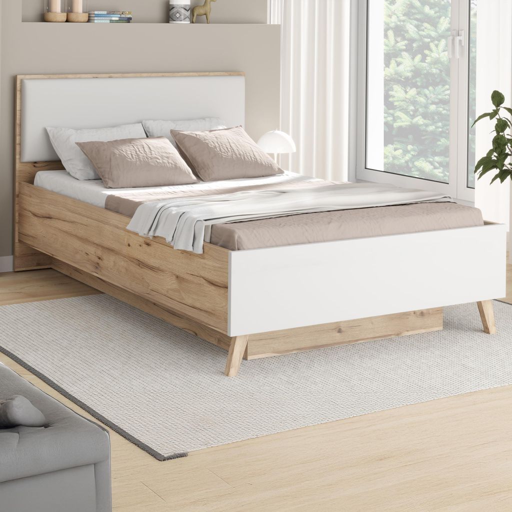 Forte VANKKA Bettgestell, Liegefläche: 120 x 200 cm, Skandi Bett mit Polsterkopfteil, Schlafzimmer, Holzwerkstoff, Planked Eiche Holzdekor, 127,4 ...