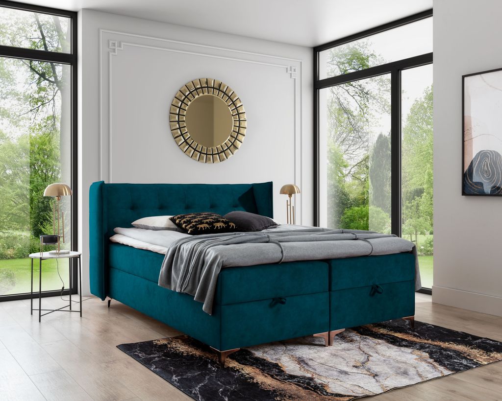 Gepolstertes Doppelbett 200x200 RUMJA - blau + GRATIS Matratzenauflage
