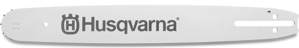 A white chainsaw bar with the Husqvarna logo and name printed on it.