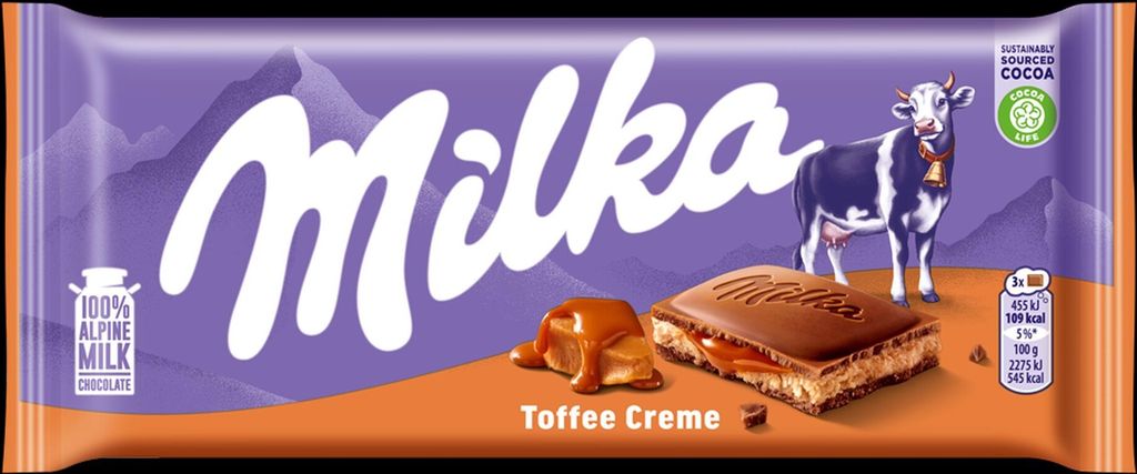 A Milka Toffee Creme chocolate bar wrapper with images of mountains, a cow, and a piece of chocolate.
