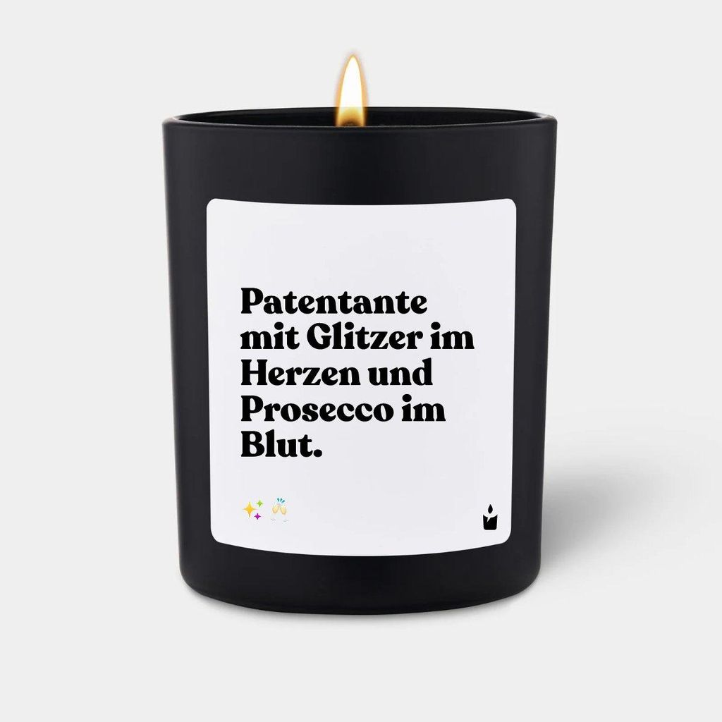 ChattyCandles Duftkerze Schwarz Woody Patentante mit Glitzer im Herzen und Prosecco im Blut.
