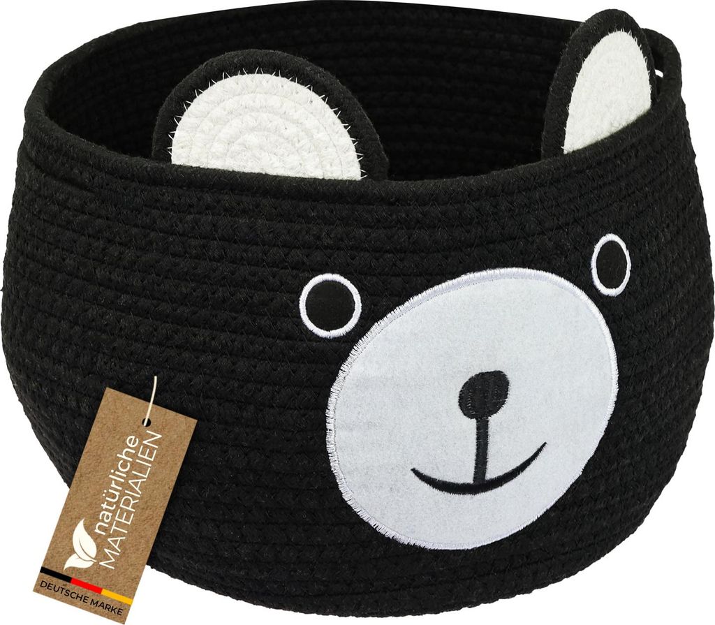 HMF Aufbewahrungskorb mit versteckten Griffen, Korb für Kinderzimmer aus Baumwolle | Bär | 30 x 24 cm | Schwarz