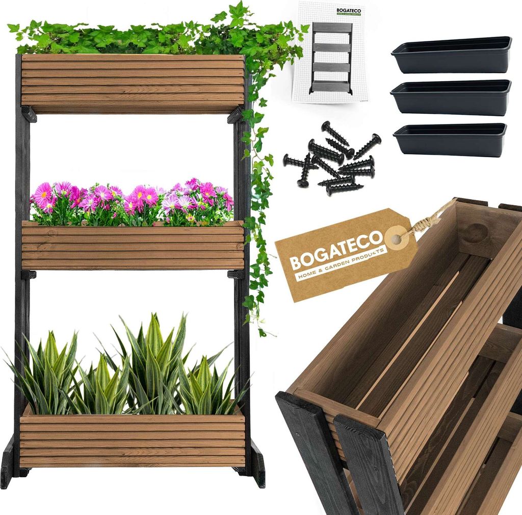 Set mit 3 Blumentöpfen auf einem Ständer | 3er Set Blumentopf Pflanzkübel 64x20cm | Holz Blumenkübel für Tomaten und Blumen, Pflanzentopf für...