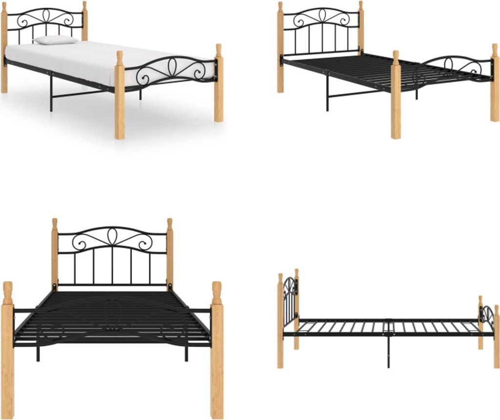 vidaXL Bettgestell Schwarz Metall und Massivholz Eiche 90x200 cm - Bettgestell - Bettgestelle - Bettrahmen - Bett