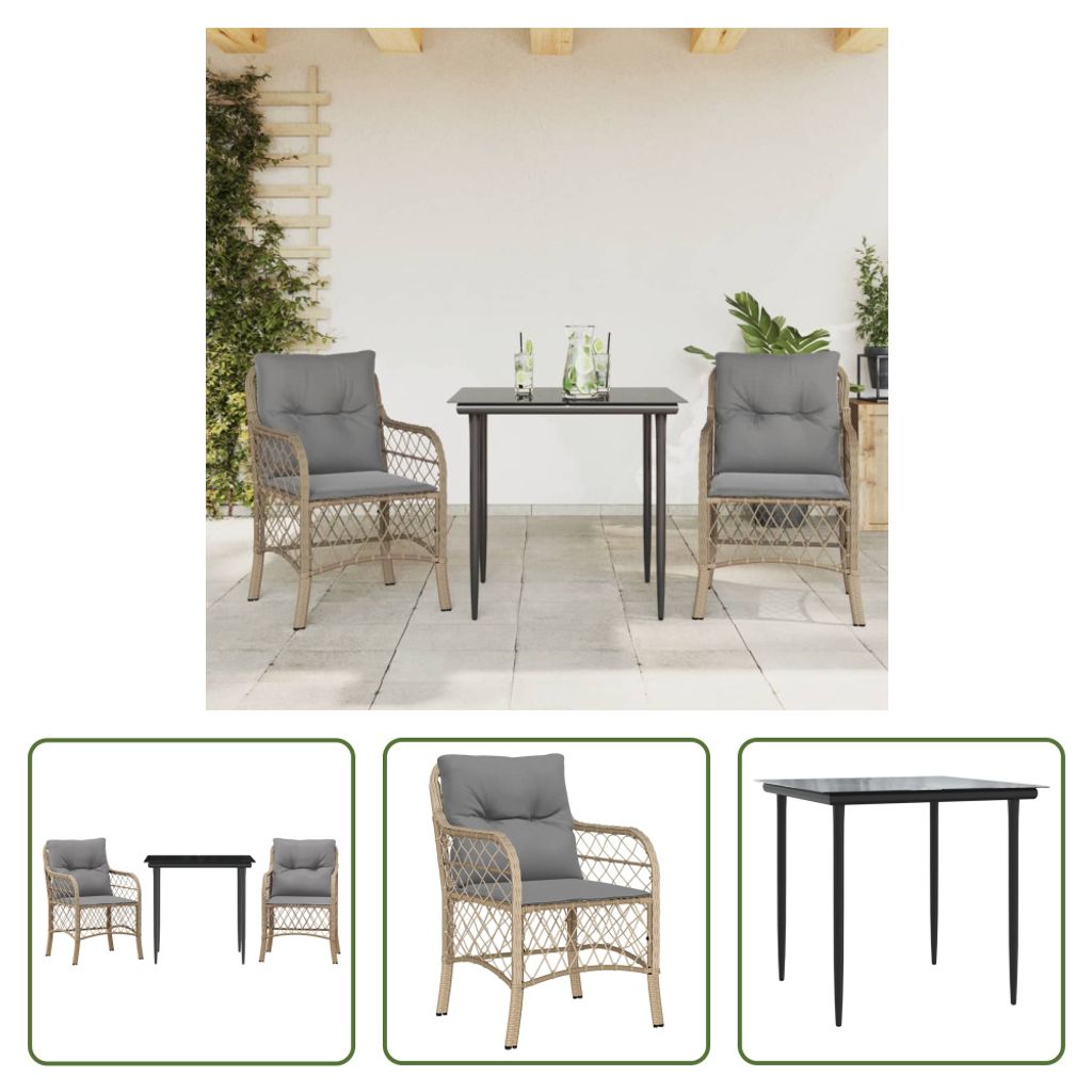 The Living Store 3-tlg. Bistro-Set mit Kissen Beigemischung Poly Rattan