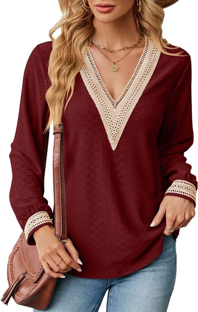 ASKSA Damen V-Ausschnitt Langarm T-Shirt Elegant Spitzenspleissen Bluse Casual Langarmshirt Tunika Tops, Rotwein, L