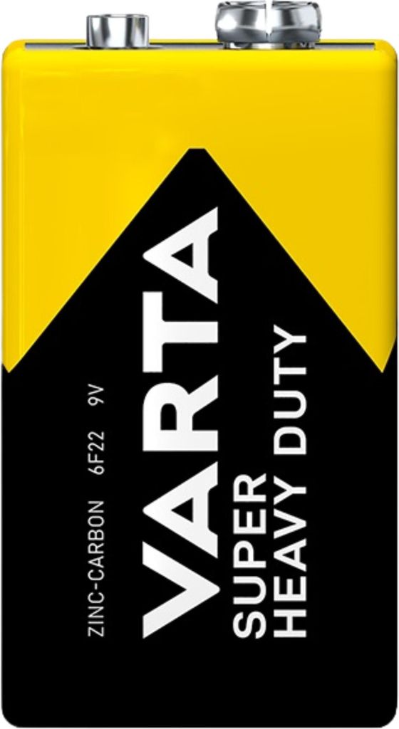 A studio shot of a Varta 9V battery.